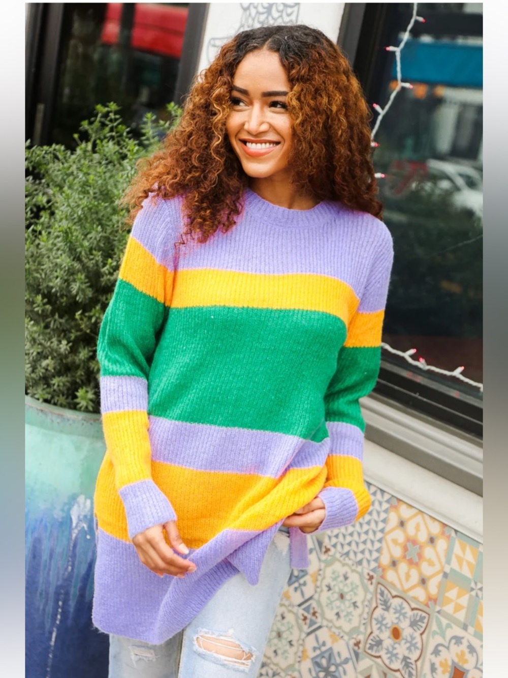 NEW [Reborn J] Mardi Gras Stripe Long Split-Hem Sweater Women's Plus 1X 2X 3X